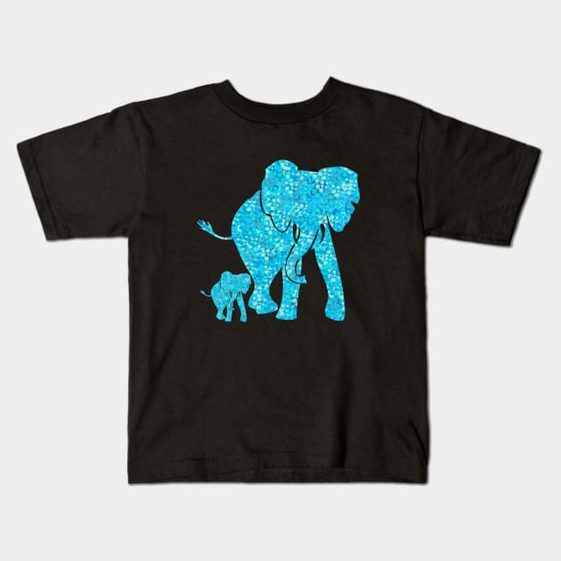 Beautiful Aqua Blue Mother and Baby Elephant. A cute Mother and Baby elephant design in an aqua blue speckled pattern. Includes light and dark shades of aqua, aquamarine and turquoise blue. Kids T-Shirt by innerspectrum